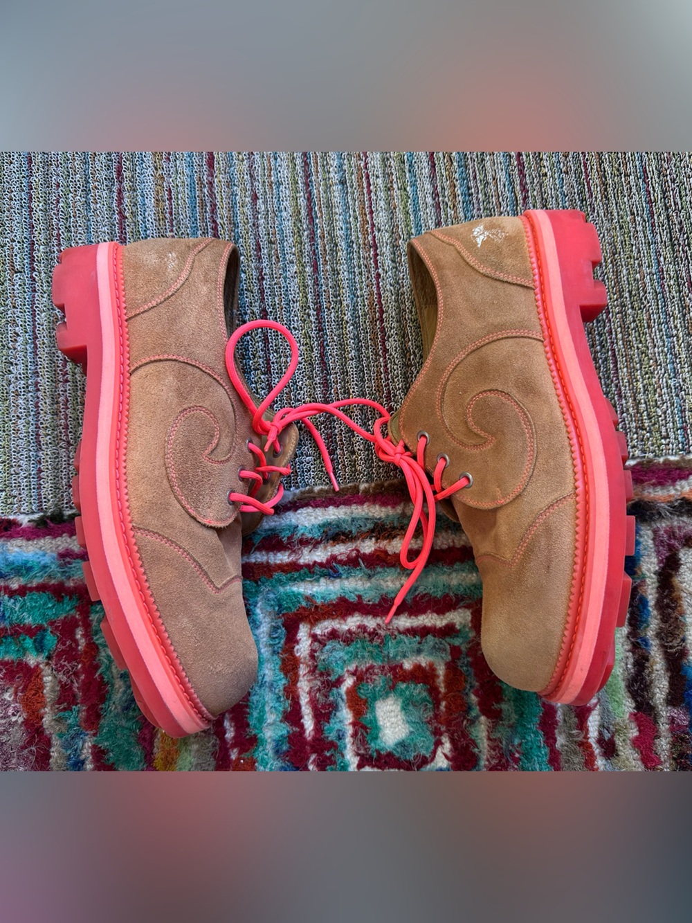 Fluevog 7th Heaven Derby Swirl suede lace-up derby shoe orange/pink -11.5 - Picture 11 of 16
